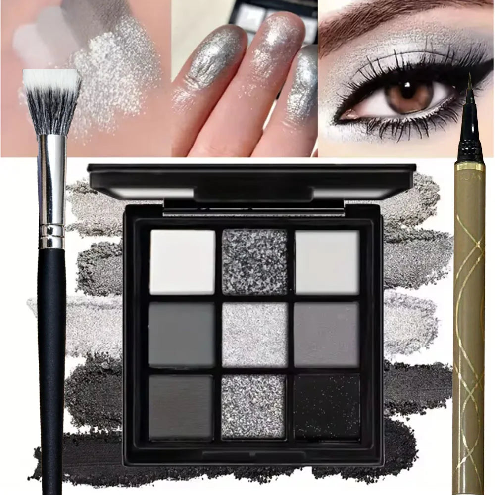 9-color smoky gray-pink eyeshadow palette with built-in brush (photo 9 of 10)