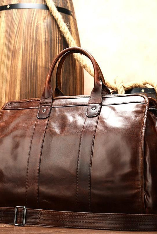 Luggage & Bags - Duffel Smooth Leather Travel Bag Vintage Style Shoulder Duffle Bag