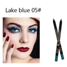 Lake blue smudge proof eyeliner for vacation showcased on model with bold makeup look