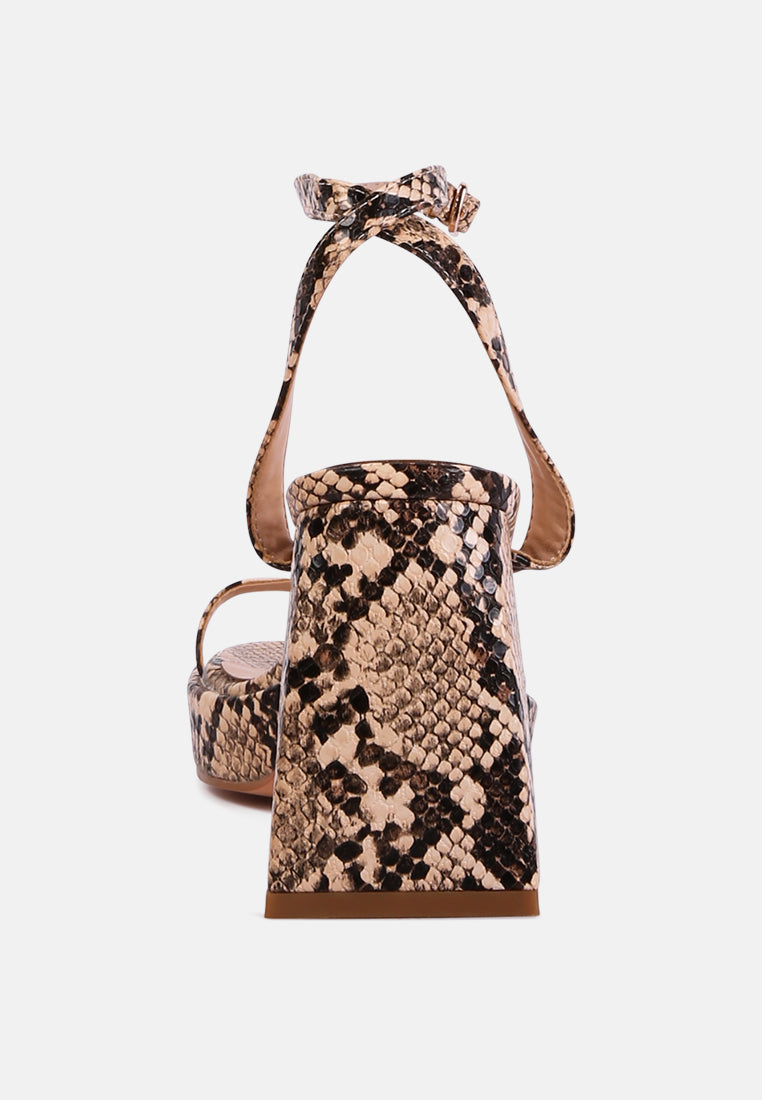 Back view of snake print block heel sandals by London Rag International with stylish design