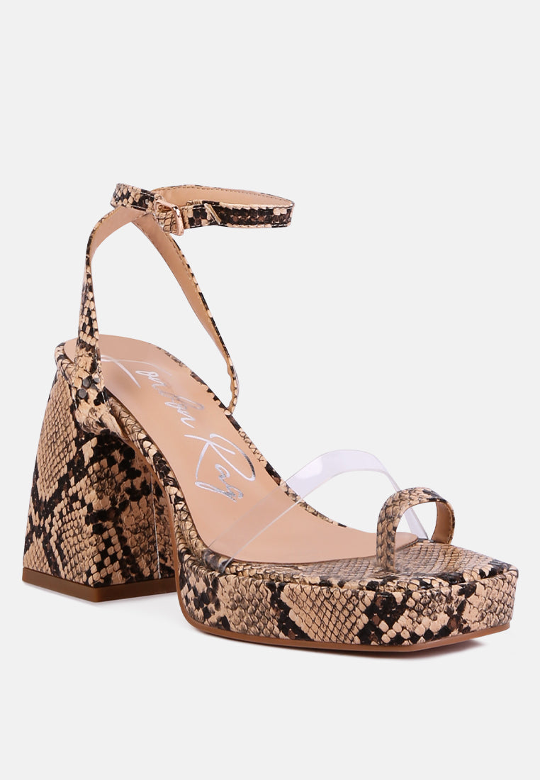Stylish snake print block heel sandals with a clear strap for a trendy look
