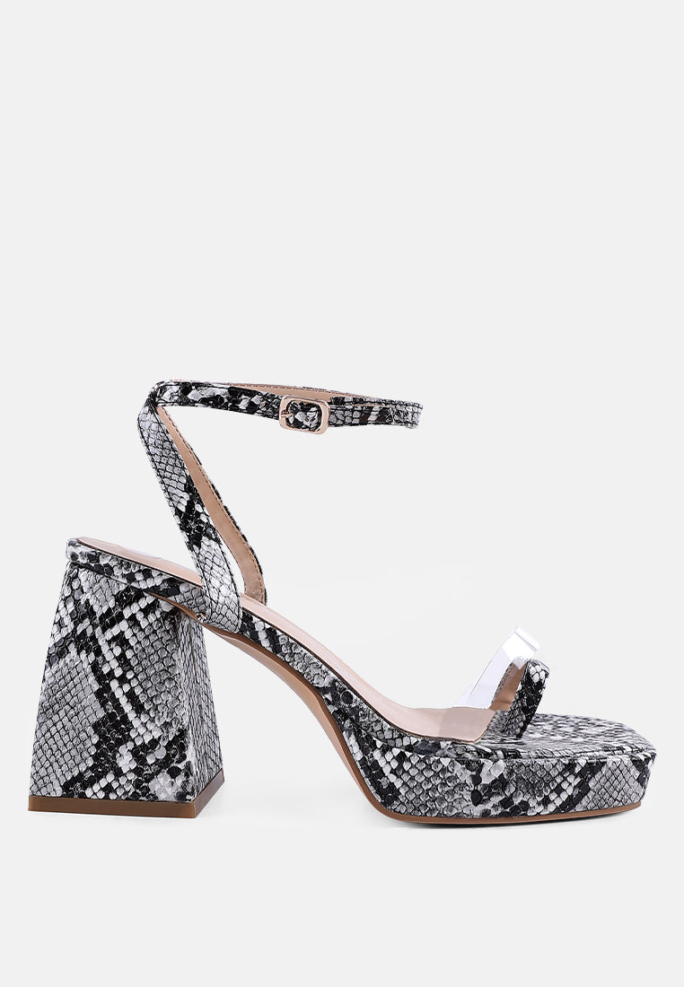 Stylish snake print block heel sandals from London Rag International with clear strap design