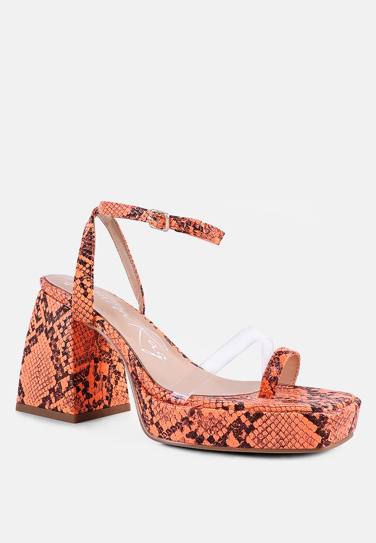 Stylish snake print block heel sandals for women with a trendy design and comfortable fit