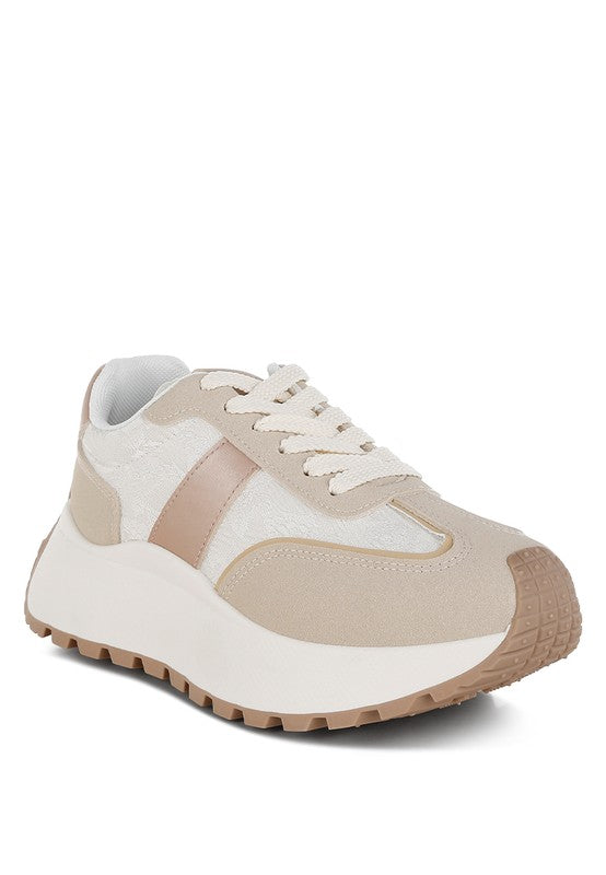 Women's beige sneakers with textured fabric and cushioned sole, casual wear