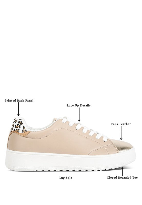 women's beige faux leather sneakers with lace-up details and printed back panel