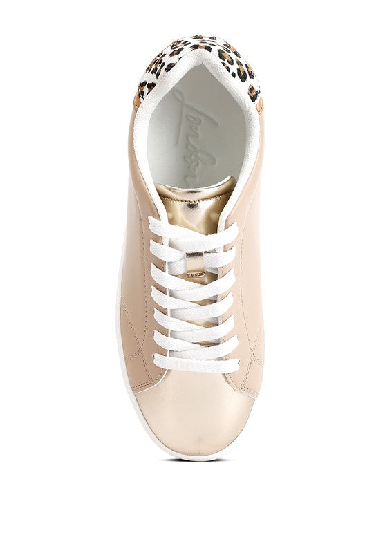 Women's beige sneakers with leopard print accents for casual wear