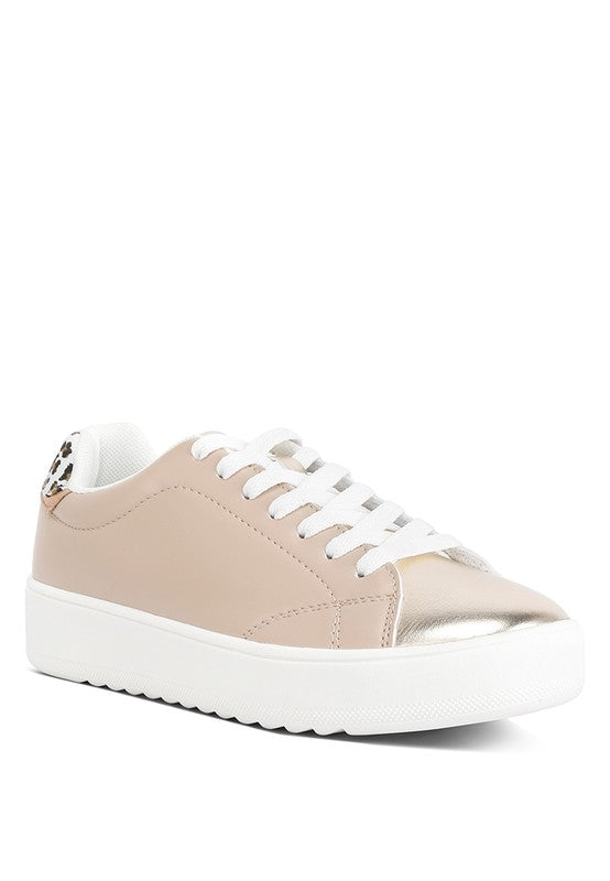 Women's beige sneakers with metallic accents, casual everyday wear