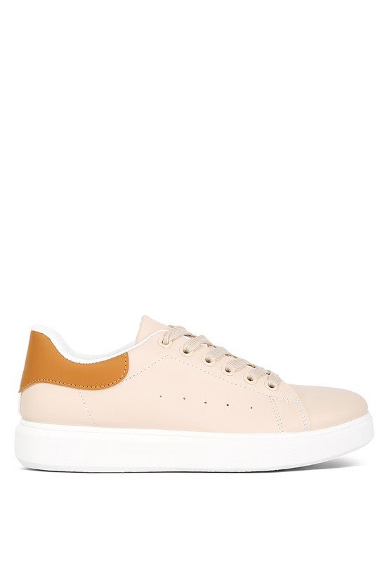 Women's beige leather sneakers with brown heel for casual wear