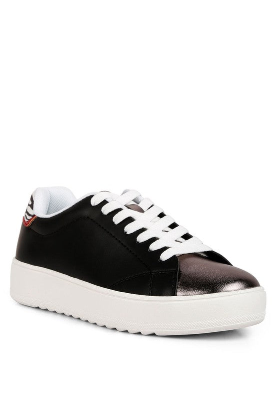 women's black sneakers with shiny metallic toe for casual wear