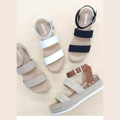 Boho platform sandals in black, white, and tan styles for casual summer wear