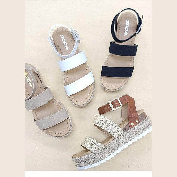 Boho platform sandals in black, white, and tan styles for casual summer wear