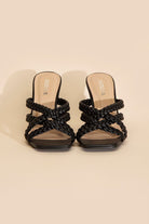 Fortune Dynamic women's double cross braided heels in black with open toe and square front design