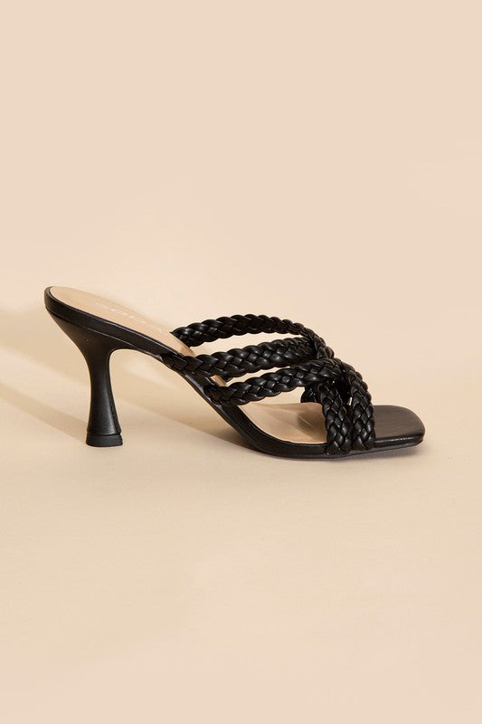 Fortune Dynamic women's black double cross braided heels with square toe and flared stiletto heel