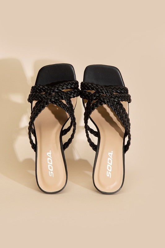 Fortune Dynamic women's double cross braided heels in black with square toe design