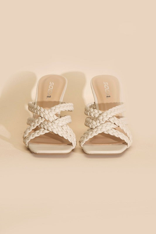 Fortune Dynamic women's double cross braided heels in beige with square toe design