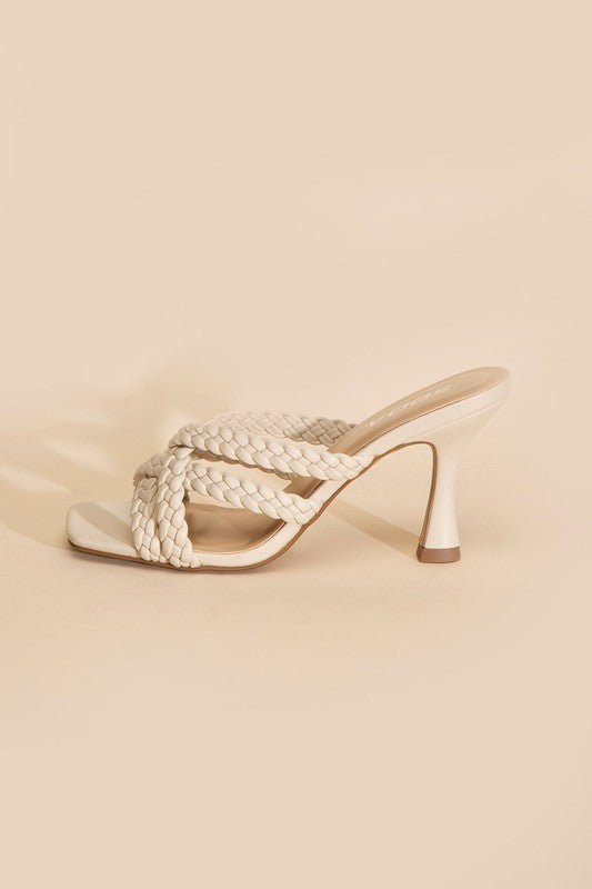 Fortune Dynamic women's double cross braided heels in beige with open toe and stiletto heel