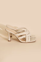 Fortune Dynamic women's double cross braided heels in beige with open toe and mid-height heel