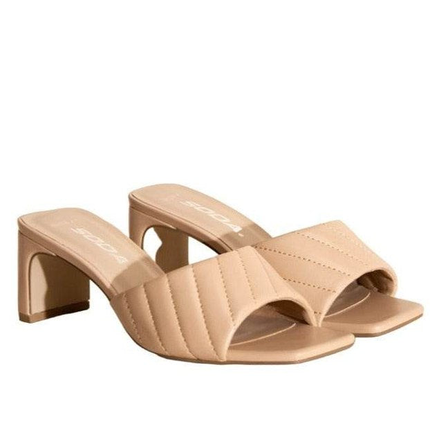 Fortune Dynamic Nina block heel mules in beige with quilted design and open toe