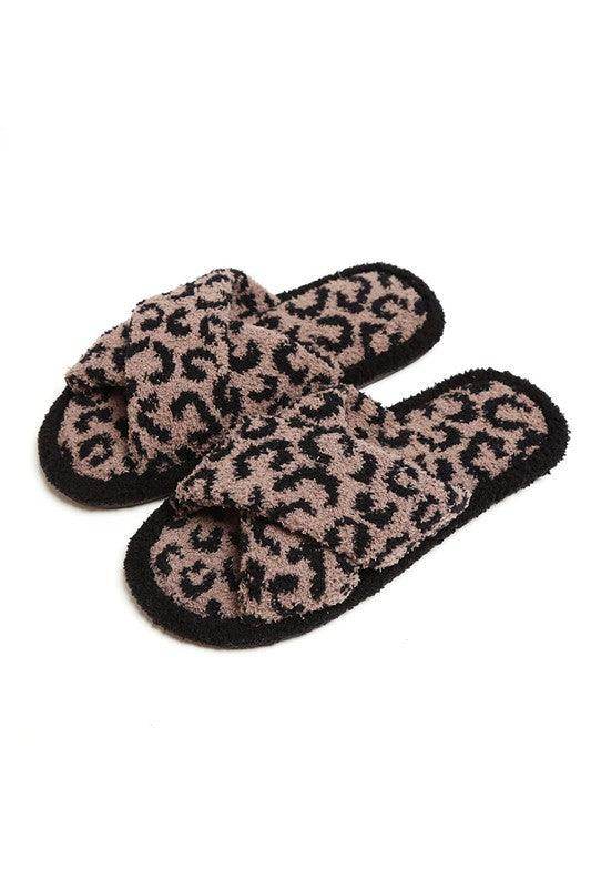 Leopard print soft crossover slippers for women with plush comfort for everyday wear