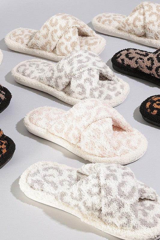 Soft crossover slippers for women in various colors and leopard print designs for cozy comfort