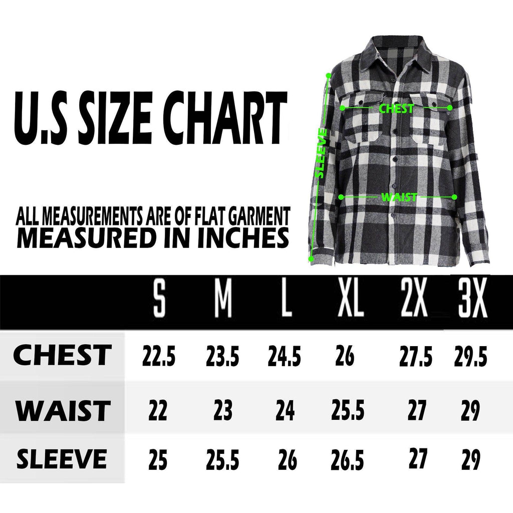 WEIV soft flannel boyfriend jacket in black and white plaid with U.S. size chart for women's sizes