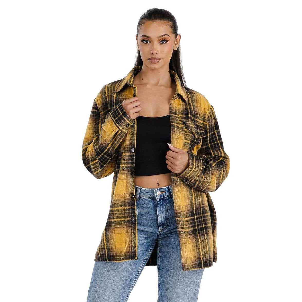 WEIV soft flannel boyfriend jacket in yellow and black plaid for stylish layering