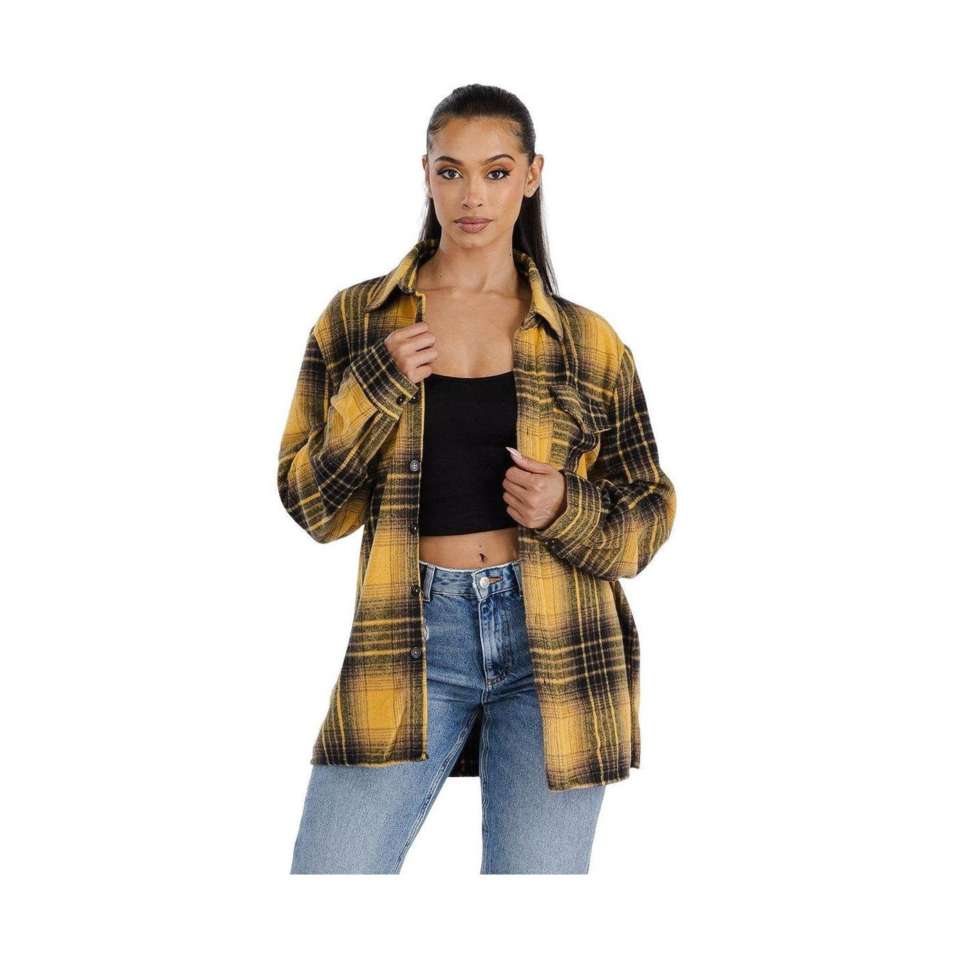 WEIV soft flannel boyfriend jacket in yellow and black plaid for stylish layering