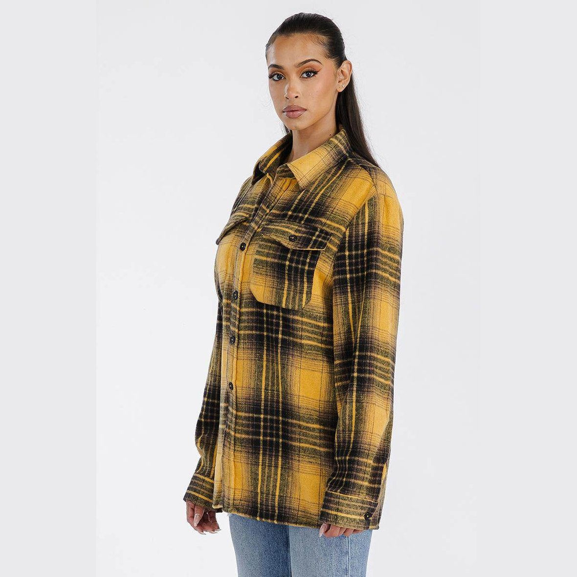 WEIV soft flannel boyfriend jacket in yellow and black plaid pattern, perfect for layering and casual style