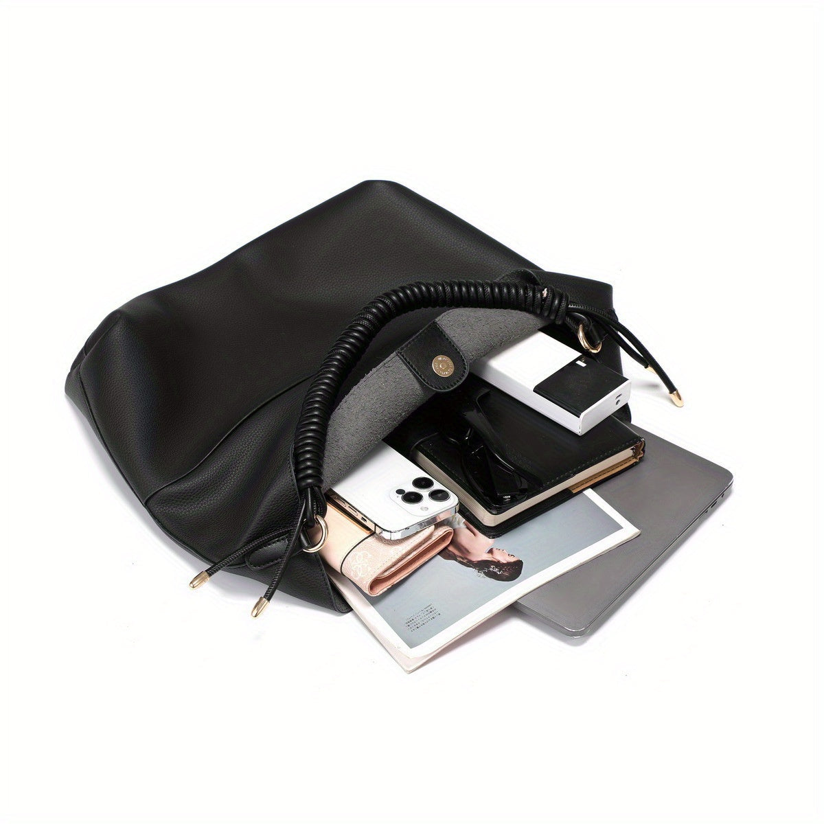 SHOMICOBOUTIQUE soft hobo bag with drawstring handle showcasing various items inside including a laptop and phone