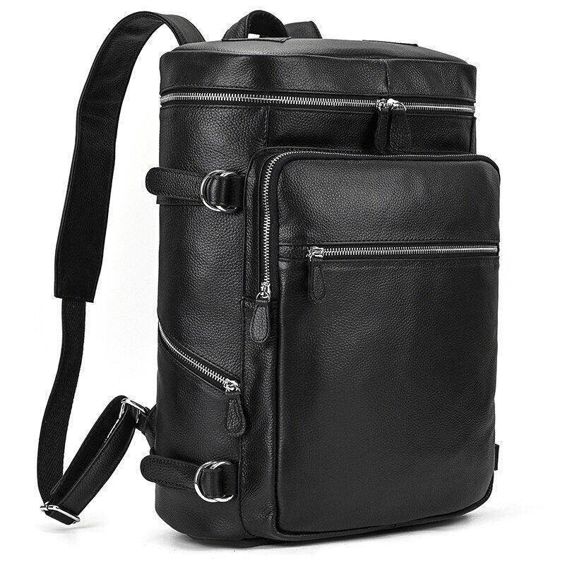 Stylish soft leather travel backpack with multiple zippered pockets and adjustable straps
