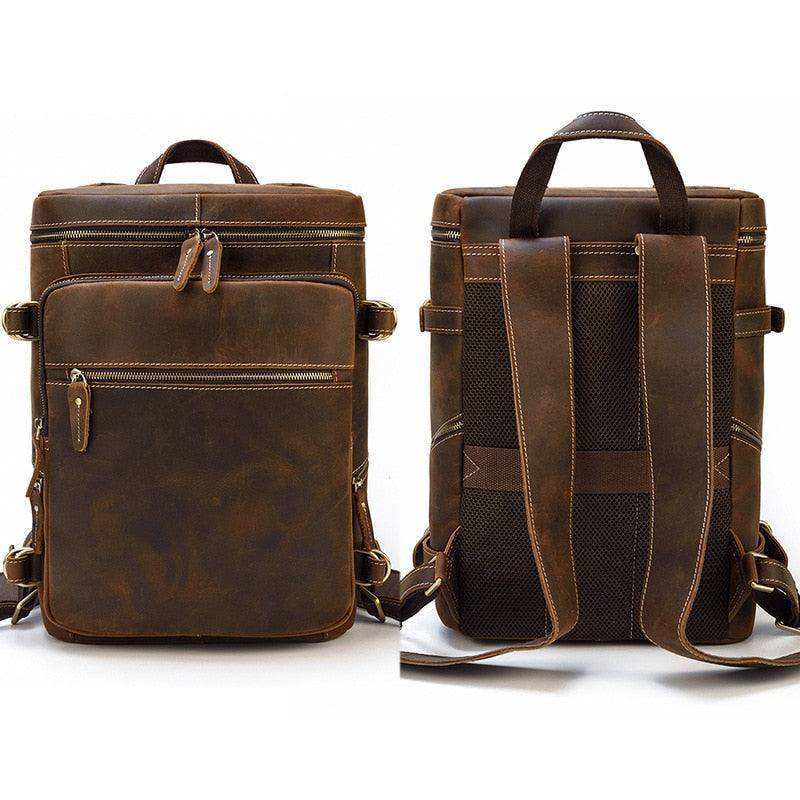 Soft leather travel backpack from VacationGrabs featuring multiple pockets and adjustable straps