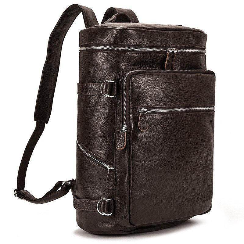 Stylish soft leather travel backpack in dark brown with multiple zippers and spacious compartments