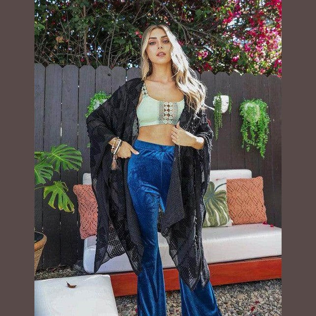 Leto Accessories soft open front kimono in black paired with light green top and blue pants