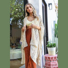 Leto Accessories soft open front kimono in neutral color with flowing sleeves and elegant design