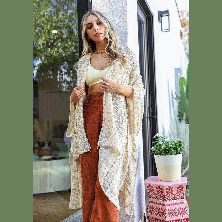 Leto Accessories soft open front kimono in neutral color with flowing sleeves and elegant design