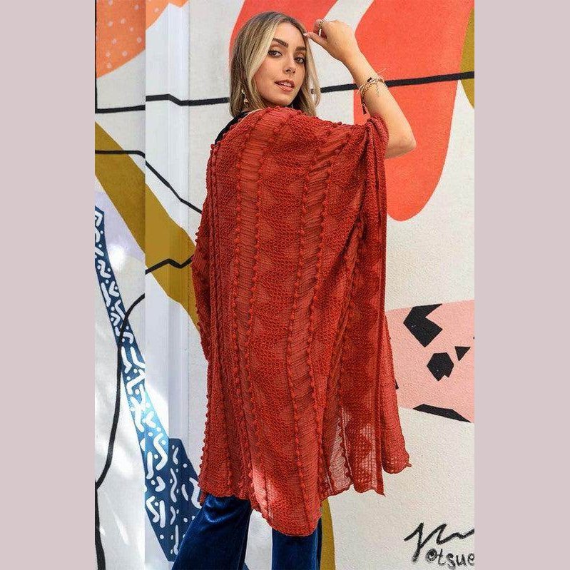 Leto Accessories soft open front kimono in rust color, perfect for layering and stylish outfits