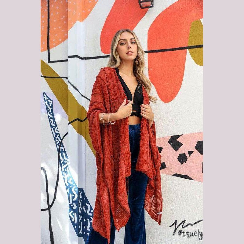 Leto Accessories soft open front kimono in rust color effortlessly layered over a stylish outfit
