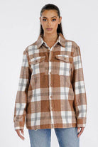WEIV soft plaid shacket for women in brown and white with button closure and front pockets