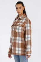Soft plaid shacket for women in brown and white with button front and chest pockets