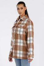 Soft plaid shacket for women in brown and white with button front and chest pockets