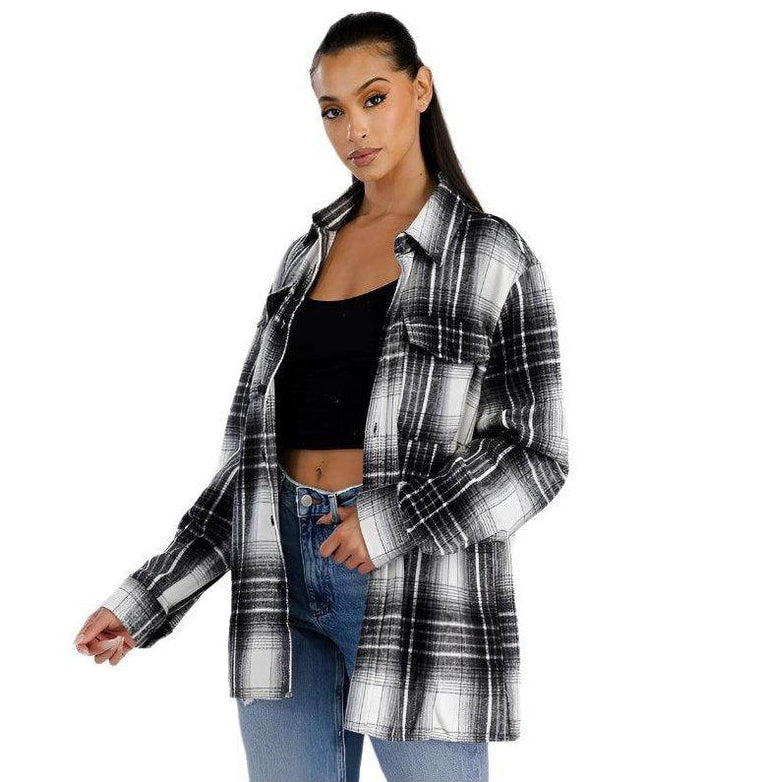 Soft plaid womens shacket in black and white with a relaxed fit and front pockets