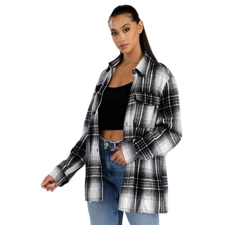 Soft plaid womens shacket in black and white with a relaxed fit and front pockets