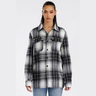 Soft plaid womens shacket by WEIV in black and white with button closures and front pockets