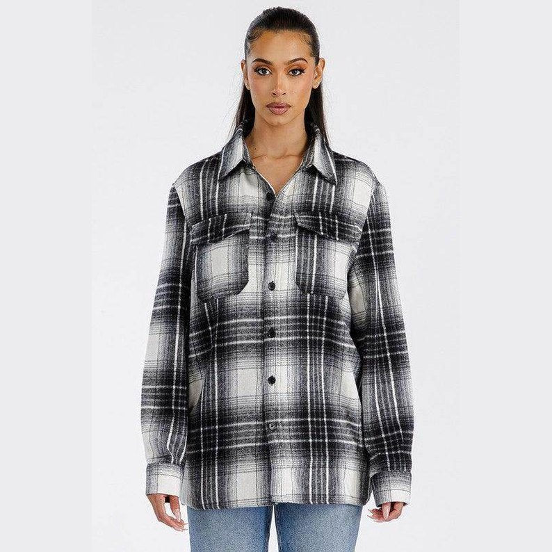 Soft plaid womens shacket by WEIV in black and white with button closures and front pockets
