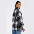 Stylish soft plaid womens shacket in black and white with a relaxed fit and long sleeves