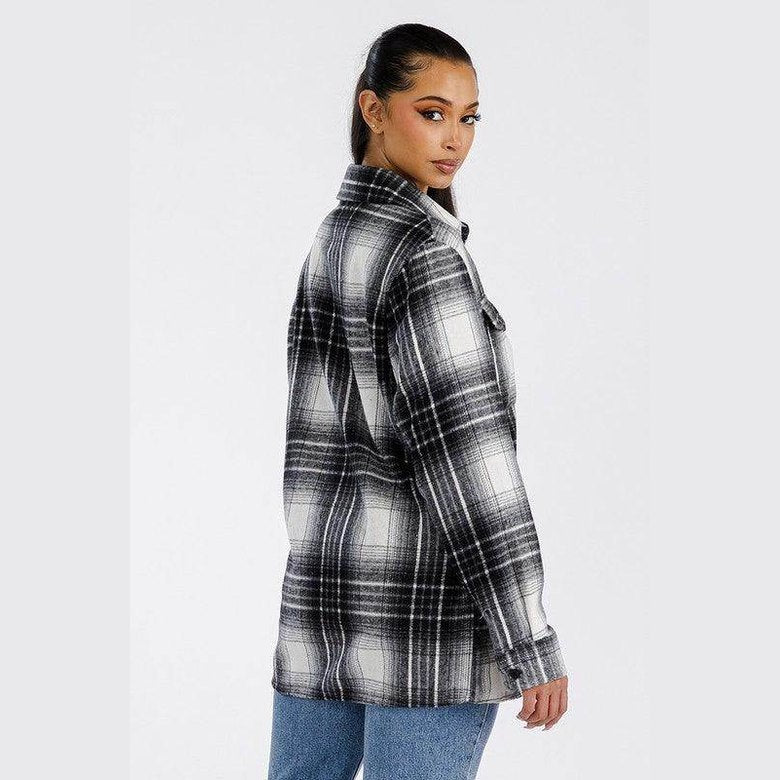 Stylish soft plaid womens shacket in black and white with a relaxed fit and long sleeves