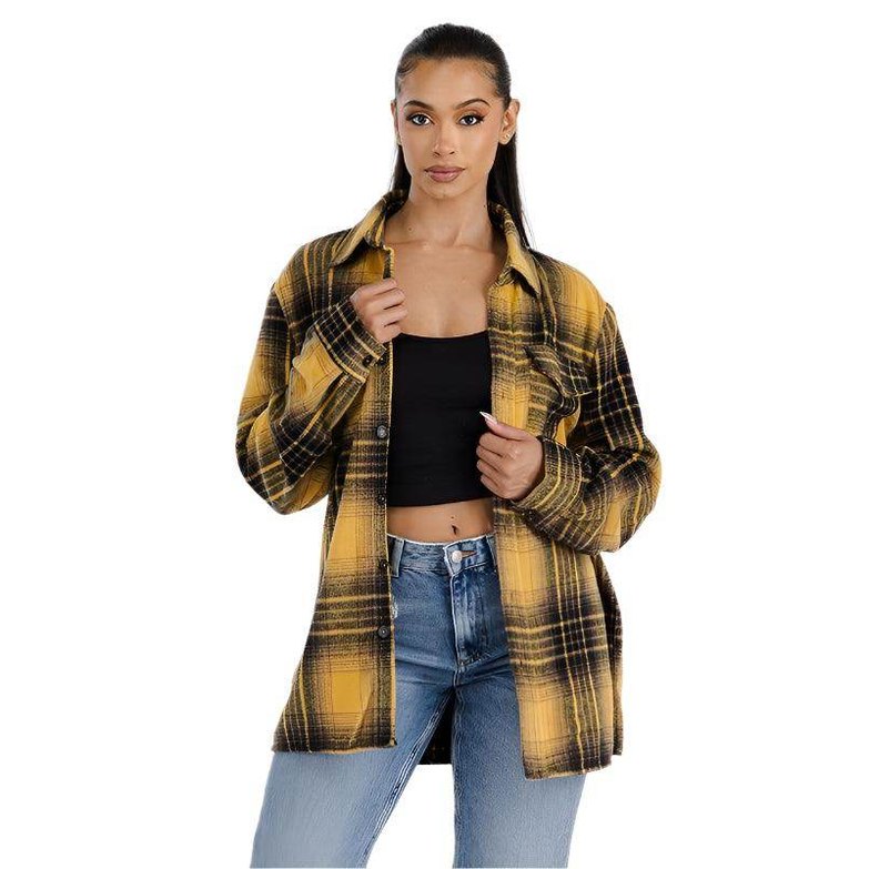 Soft plaid womens shacket in yellow and black with a relaxed fit and button-up design