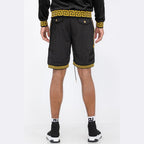 Back view of black soft velour athletic shorts with yellow Greek key pattern trim by WEIV