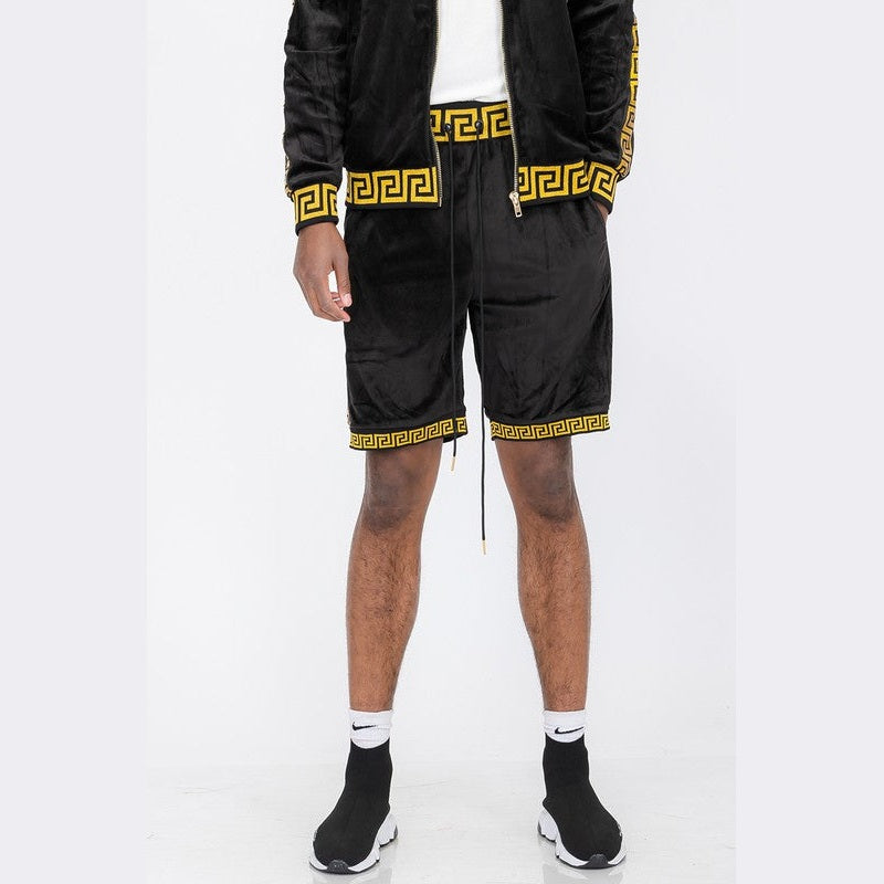 Black soft velour athletic shorts with yellow Greek key pattern trim by WEIV