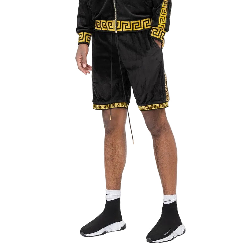 WEIV black soft velour athletic shorts with gold geometric trim worn by male model
